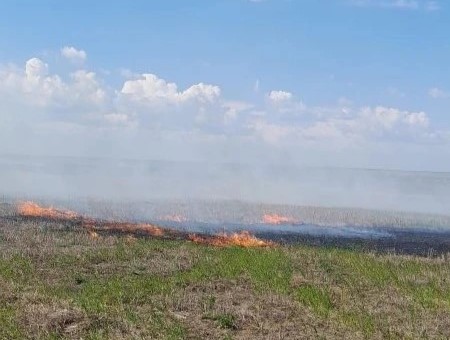 В настоящий момент наши огнеборцы тушат возгорание стерни и соломы на площади 900 квадратных метров